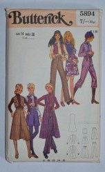5894 BUTTERICK 70S WOODSTOCK VEST, DRESS, BLOUSE, PLEAT SKIRT, PANTS PATTERN UNCUT 16 38 "